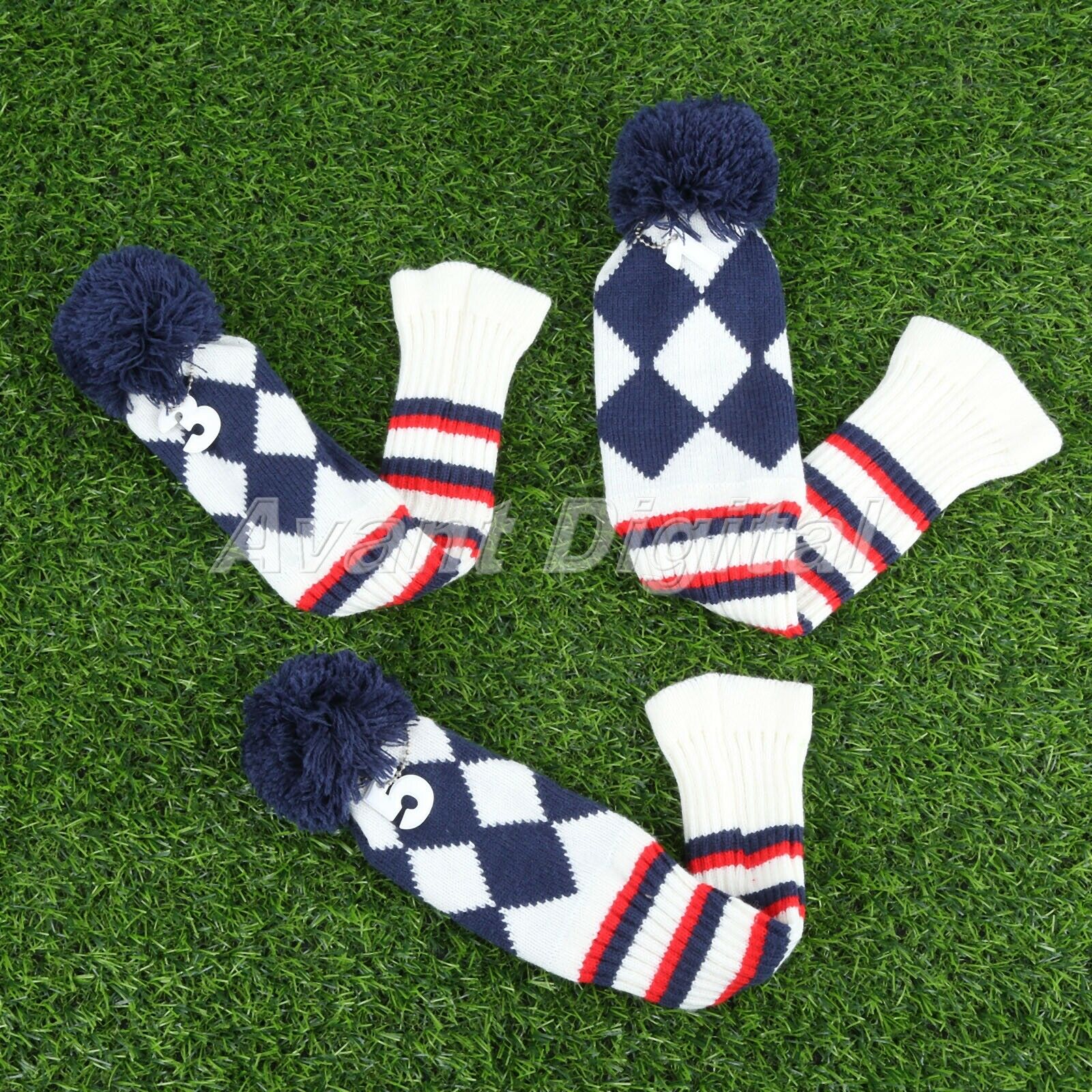 3Pieces Golf Head Covers Knitted Striped Pom Pom Soft Wood Protective Cover Case