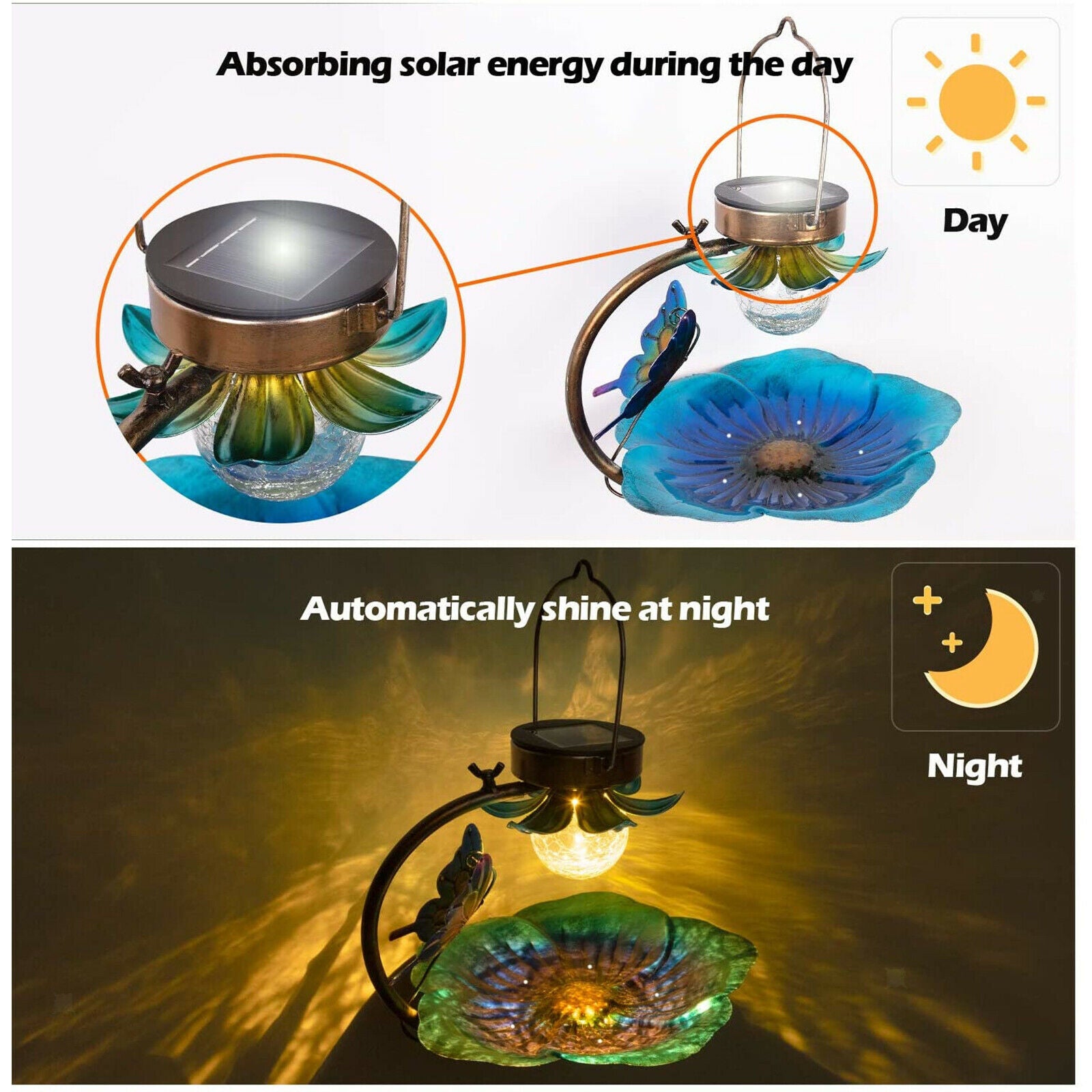 Solar Light Bird Feeder Bowl Outside Garden Decor LED Patio Bird Feeding