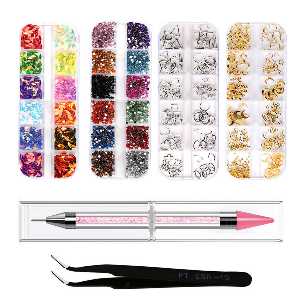 6x Shimmer Nail Rhinestones Glitters Design Pointed Tweezer Dotting Tools