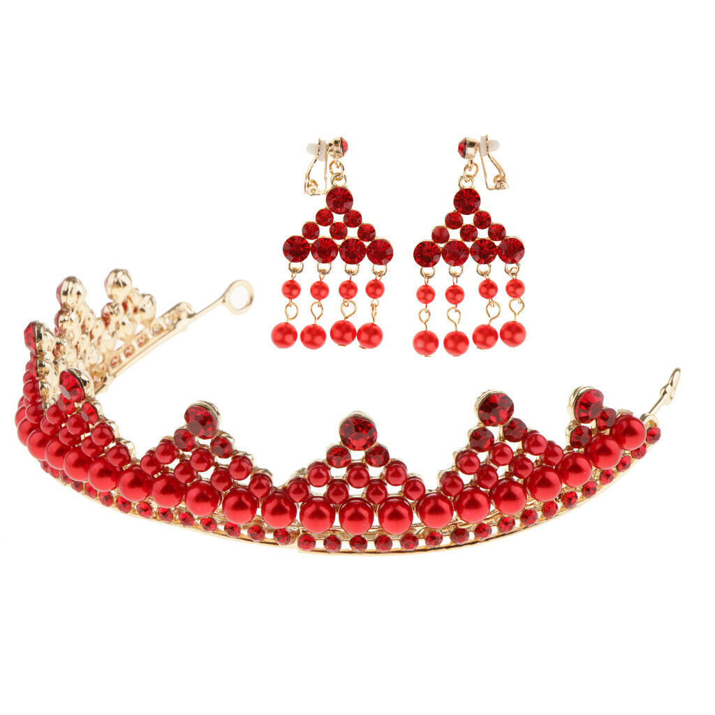 Wedding Bridal Pearls Crown Headband Earrings Girls Woman Party Jewelry Set
