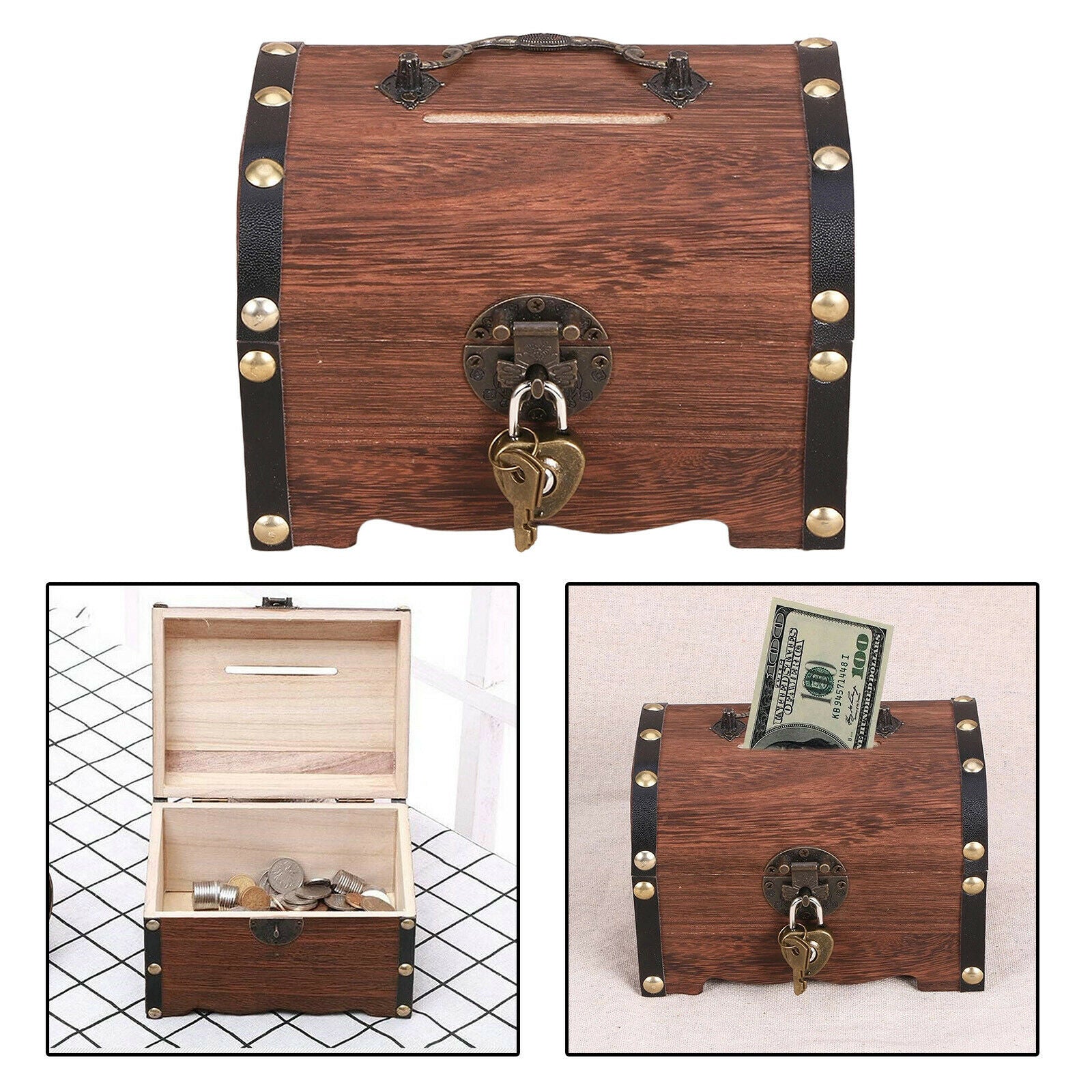 Rustic Wooden Treasure Chest Retro Money Storage Box Bedroom Piggy Bank