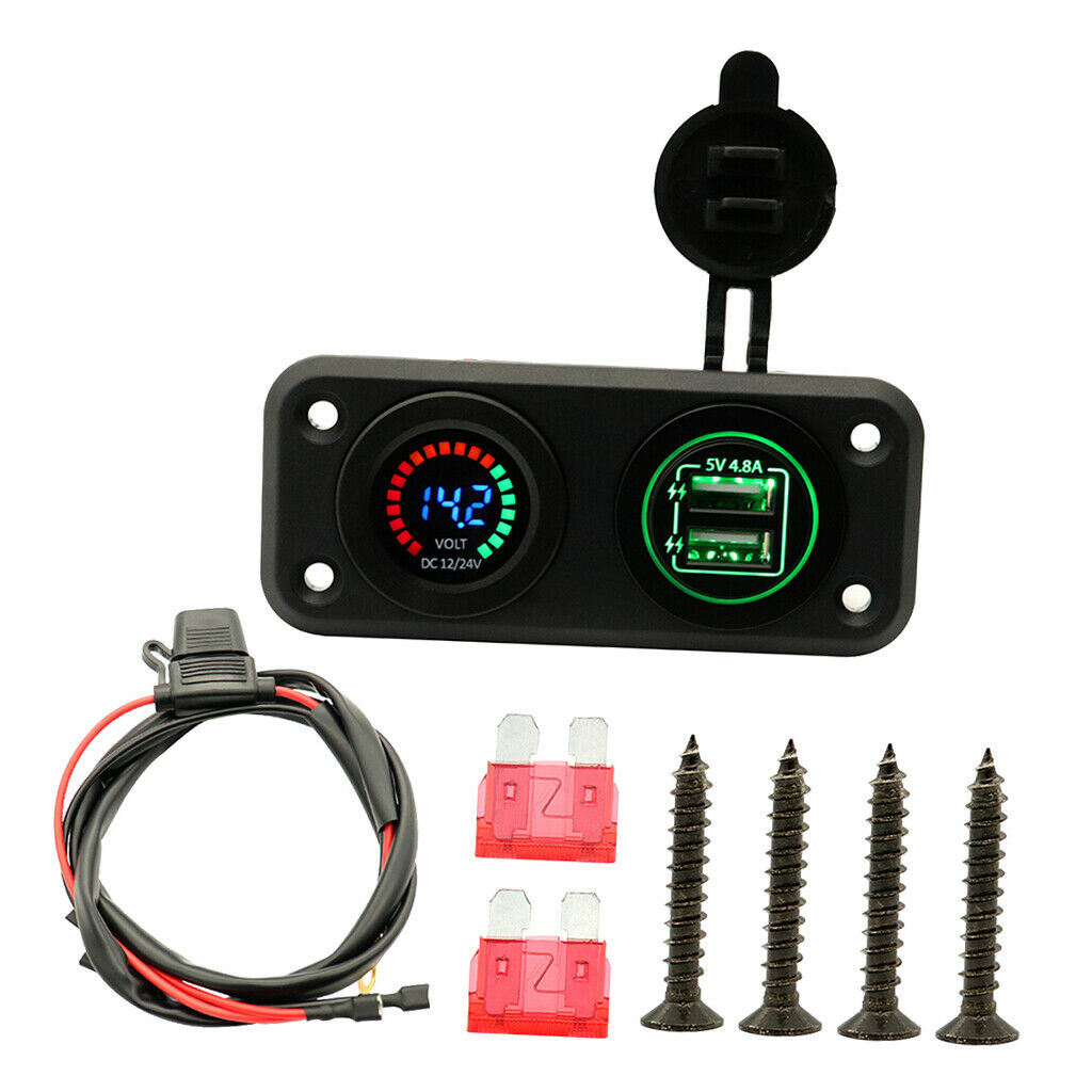 All-In-1 USB Car Socket +LED Voltmeter Panel for Car Vehicle Marine Green