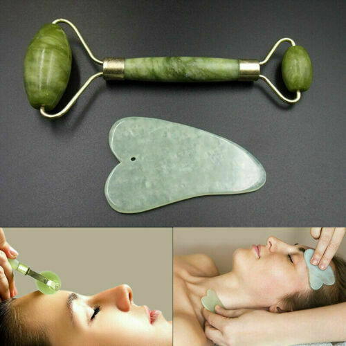 Face Facial Roller Massager + Gua Sha Board Set 100% Natural Jade Stone Crystal