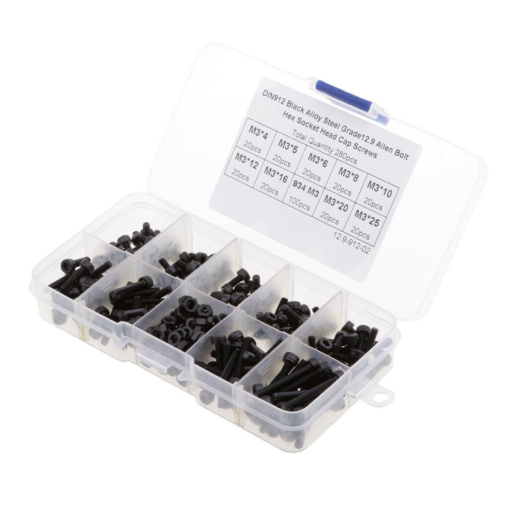 280 Pcs M3 Screws 4mm-25mm Hex Socket Kit Set Jig Caps