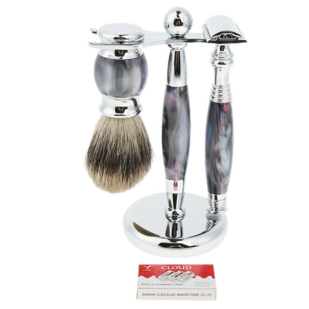 Men Shaving Brush Double Edge Razor Metal Stand Holder Blades Set Purple
