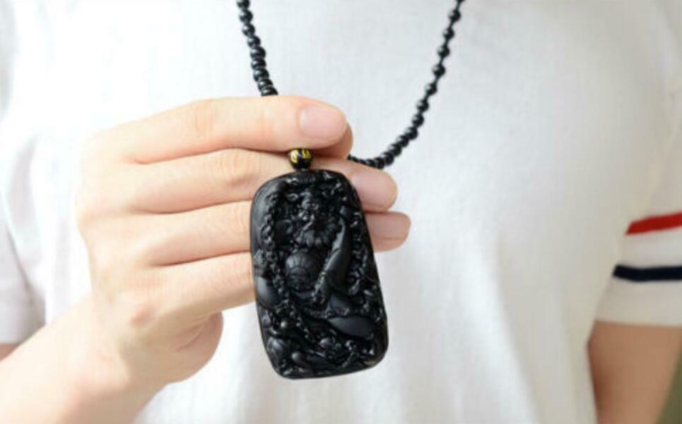Natural Black Obsidian Hand Carved ZHONGKUI Lucky Pendants+Beads Necklace