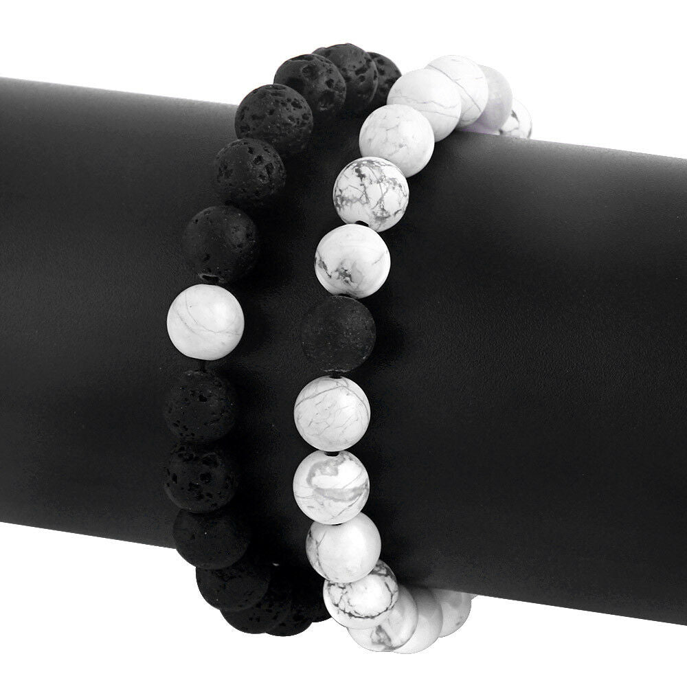 Distance Braided Bracelet Relationship Jewelry Natural Black/White Stone 2PCS