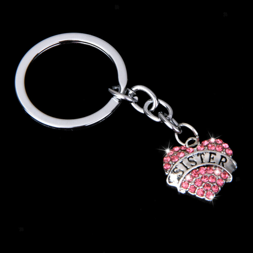 2x Pink Diamante Crystal Heart Pendant Sister Keychain Key Chain Xmas Ring Gift