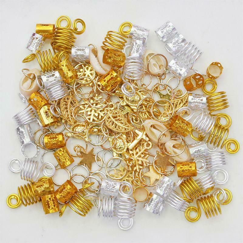 120Pcs Hair Braid Rings Metal Cuffs Dreadlocks Beads Shell Leaves Star Cross