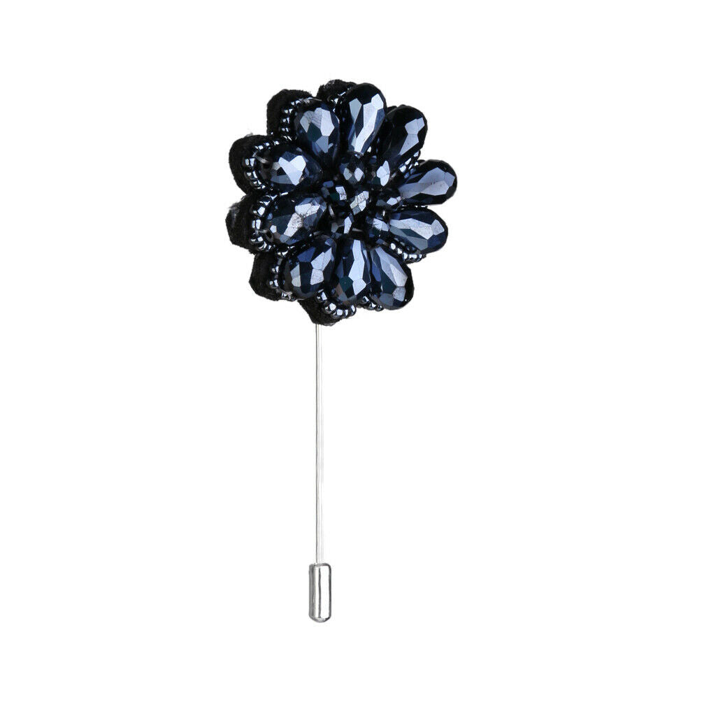 Crystal Beaded Flower Stick Brooch Tuxedo Corsage Tie Hat Pin Navy Blue