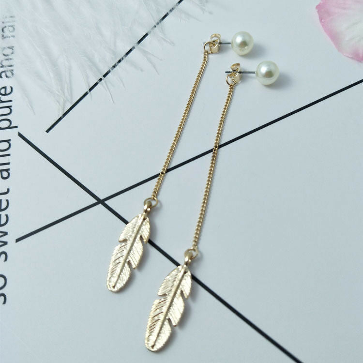 Korean Style Simulated Pearls Long Tassel Leaf Feather Dangle Earrings Jewelry