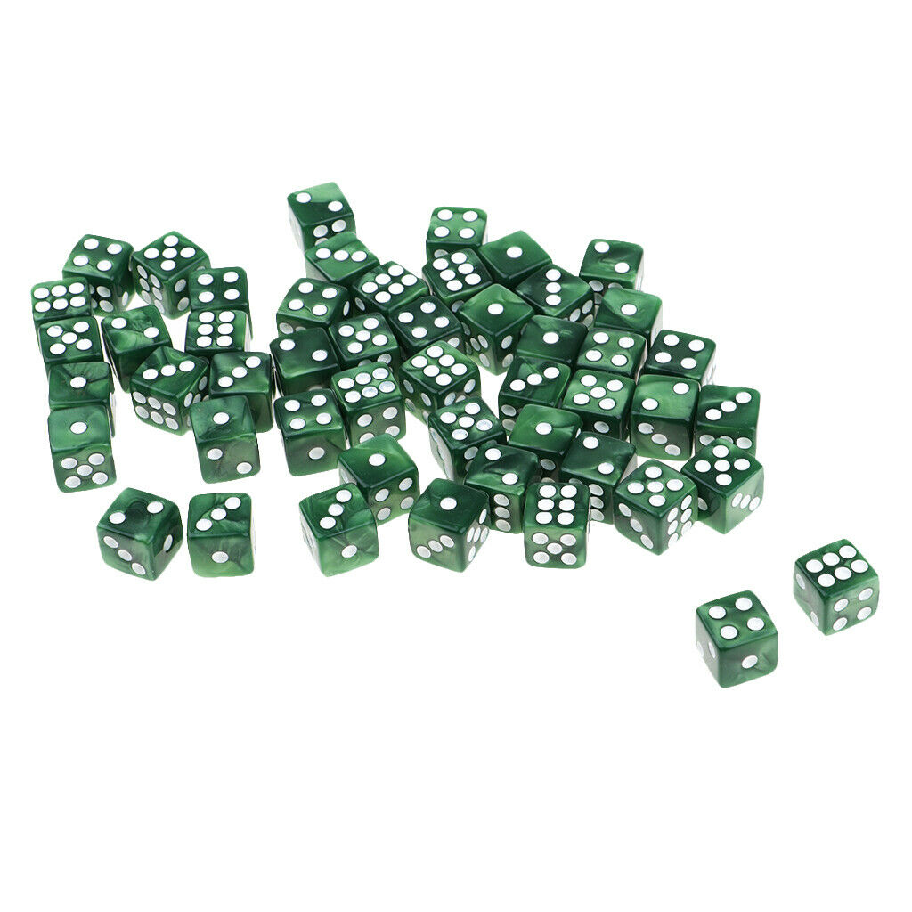Pack of 50 Acrylic Six Sided Square D6 12mm Dice - Green with White Pips