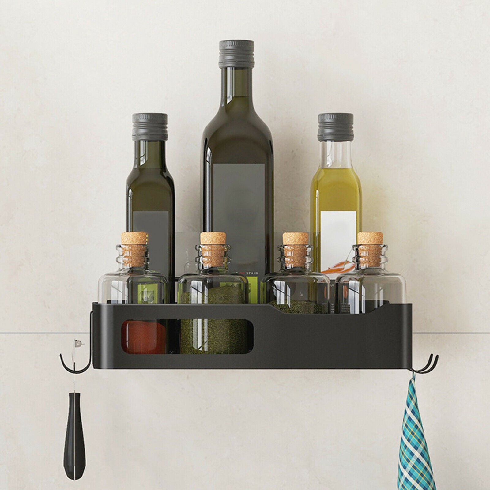 Wall Kitchen Shelf Shower Shampoo Basket Organizer with 3 Hooks Household