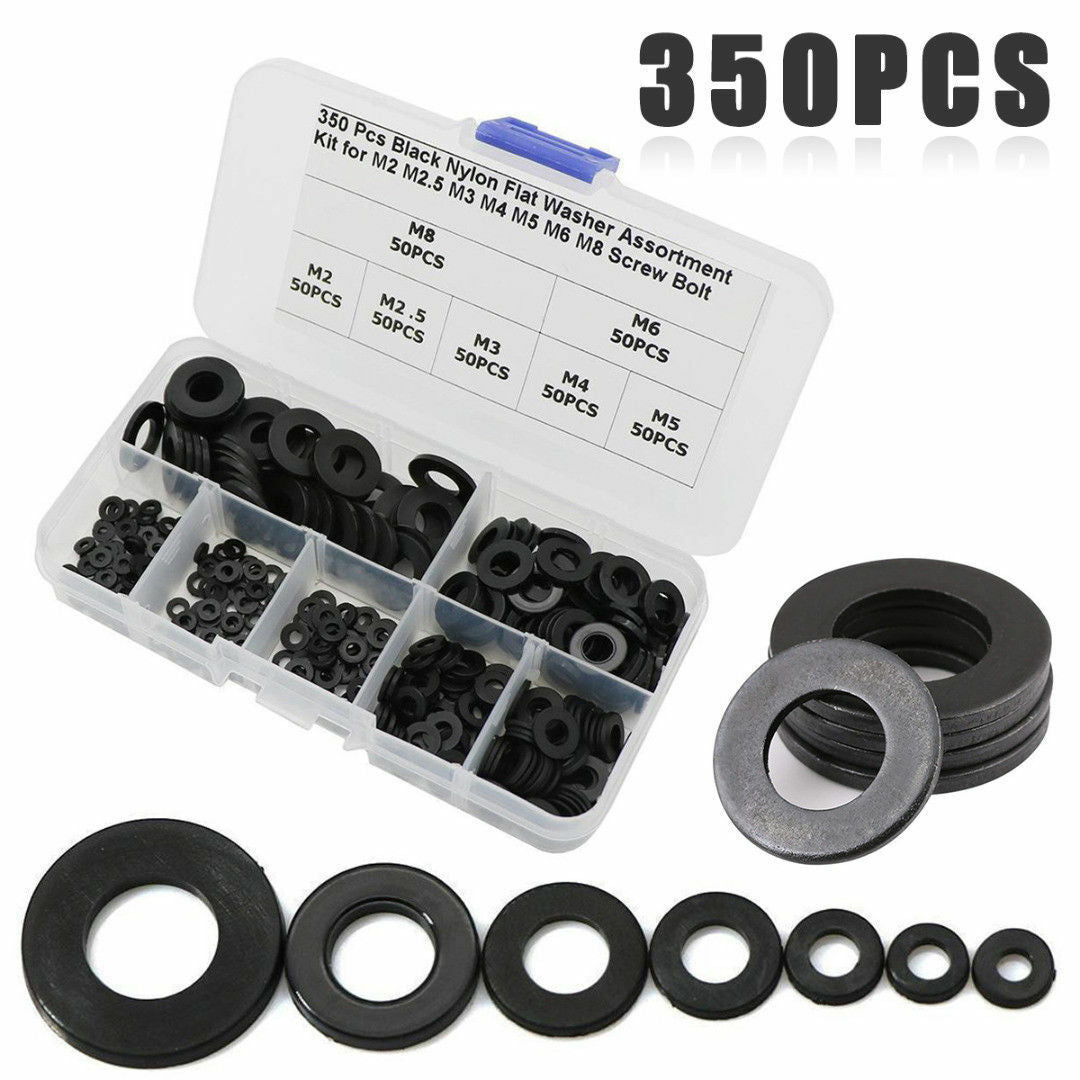 350pcs Set 7 Sizes Black Nylon Flat Washer Assortment Kit M2/M2.5/M3/M4/M5/M6/M8