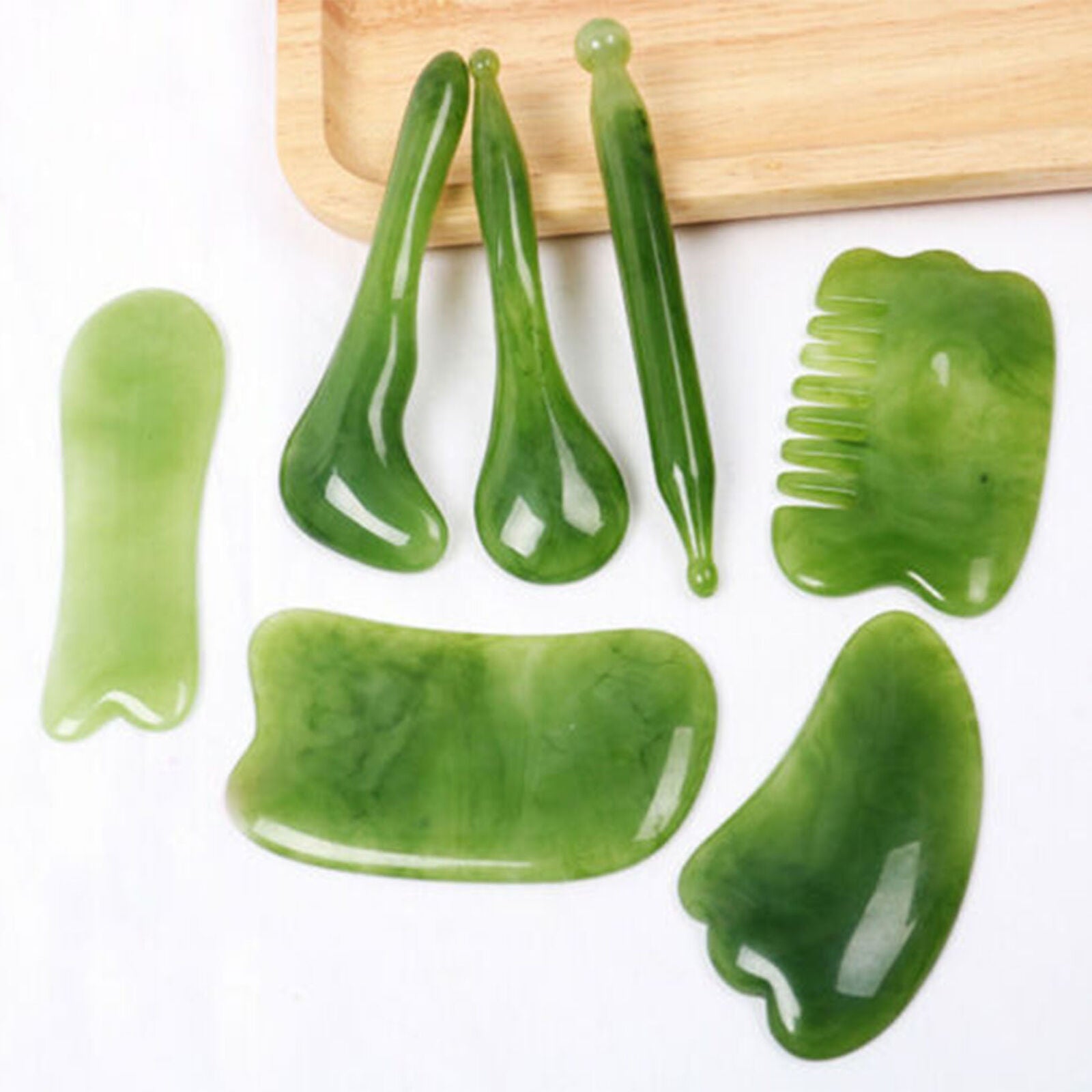 7 Pcs Set Gua Sha Natural Green Jade Quartz Stone Facial Body Massage Board Tool