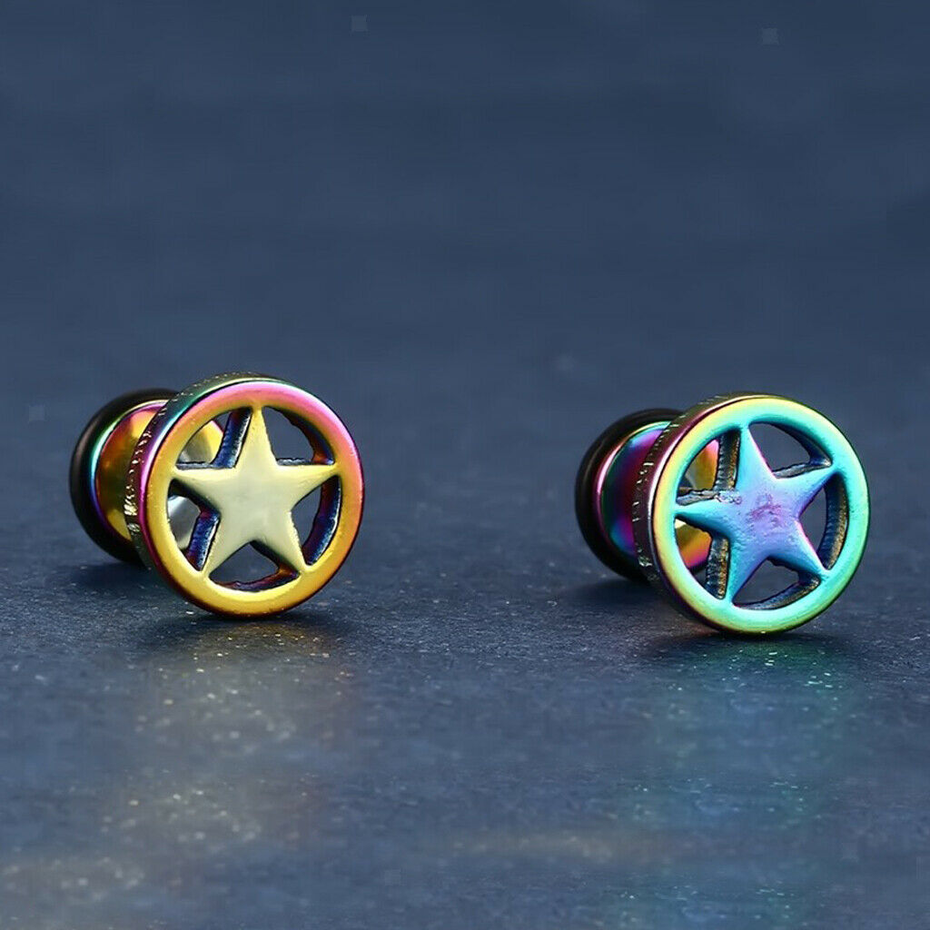 1 Pair of Stainless Steel Circle Five-pointed Star Earrings Studs Multicolor