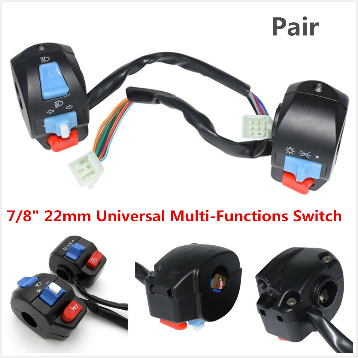 Pair Motorcycle 22mm Handlebar Multi-Functions Switch Headlight/Turn Signal/Horn