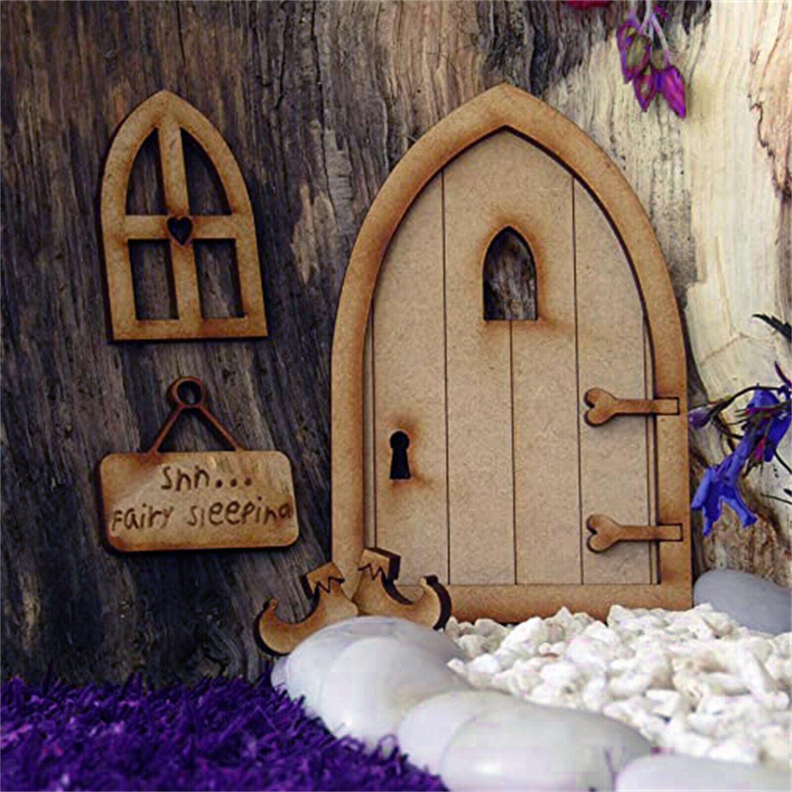 Garden DIY Wooden Fairy Door Kit Miniatures Hanging Sign Birthday Gift Decor