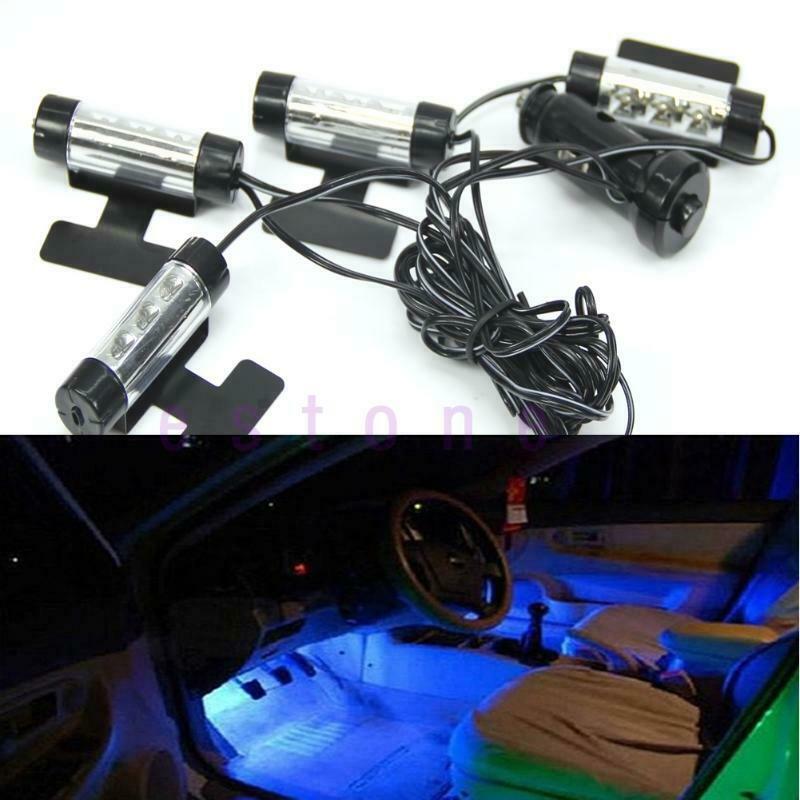 4x 12V 3LED Car Charge 4 in1 Atmosphere Light Lamp Blue Glow Car Interior Decor