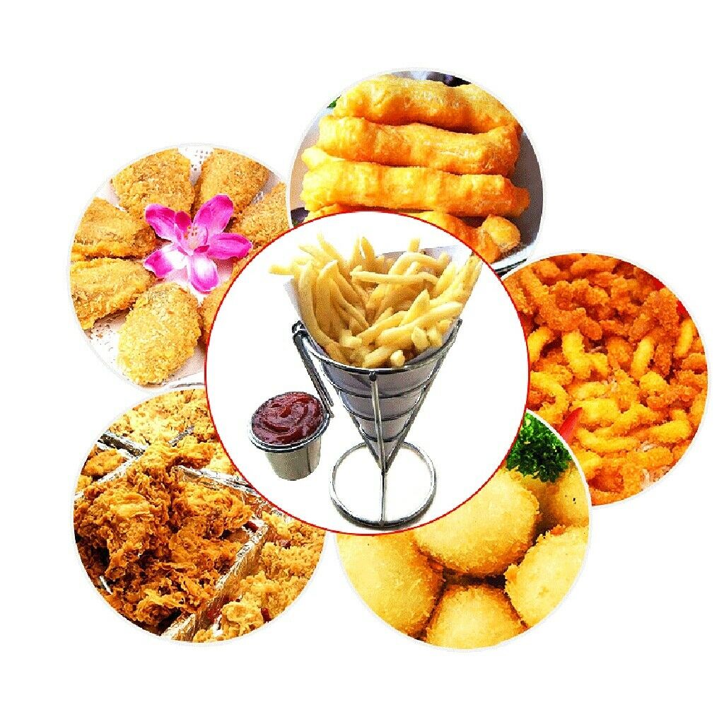 Stainless French Fry Stand Cone Basket Holder with Dip Bowl for Chips Snack