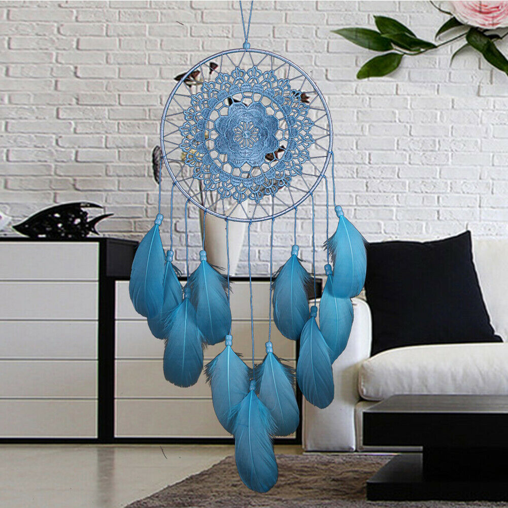 Blue Handmade Lace Dream Catcher Feather Bead Hanging Decoration Ornament @