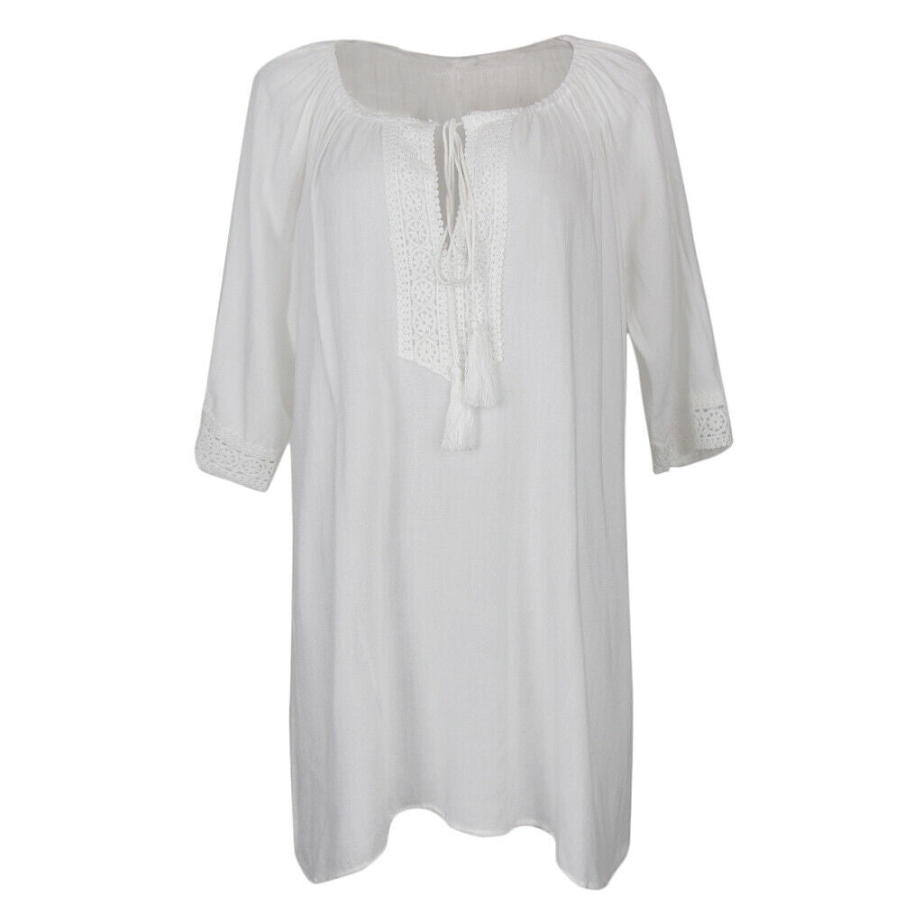 Women Tassel Lace Bathing Suit Beach Dress Swimwear Bikini Cover Up White L