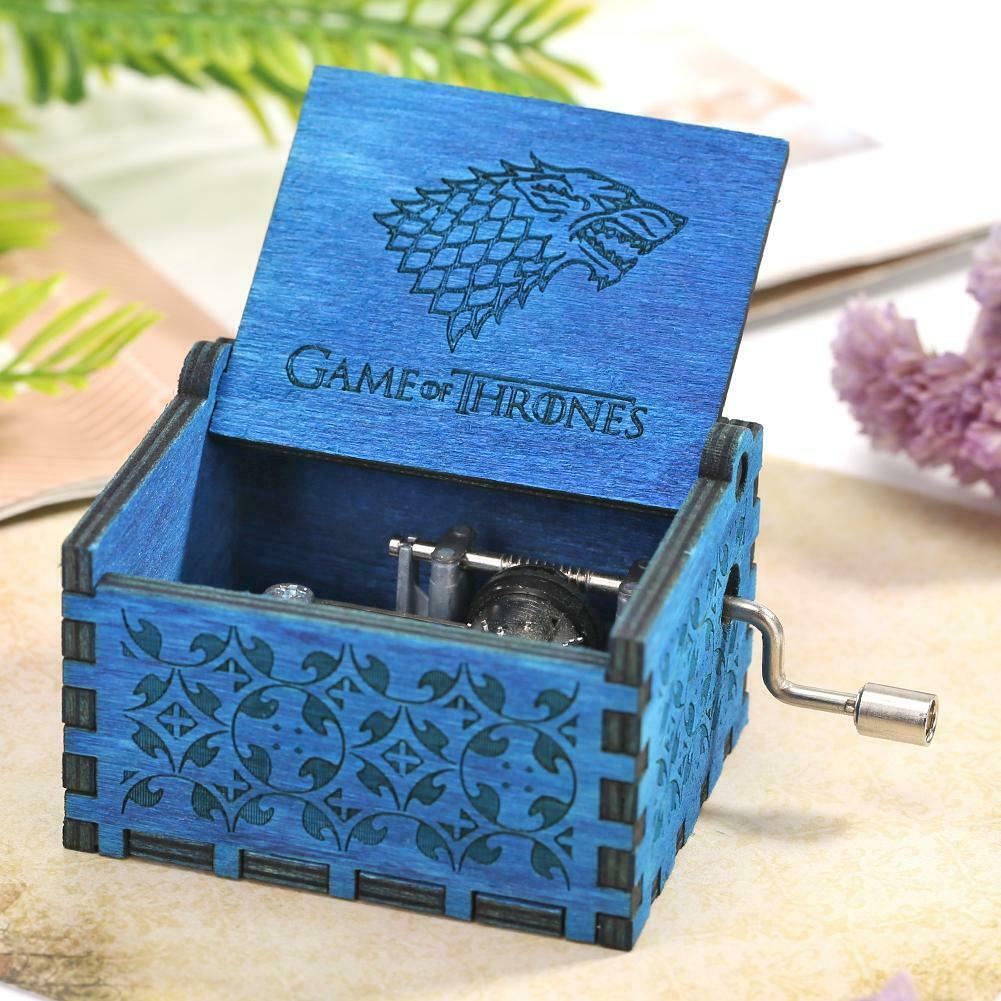 Retro Blue Wood Hand Cranked Music Box Child Xmas Gift Home Decor Ornament @