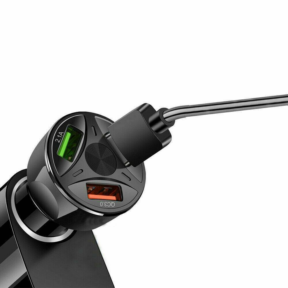 3-Port USB Car Charger Adapter LED Display Q 3.0 Fast Charging Accessories Black