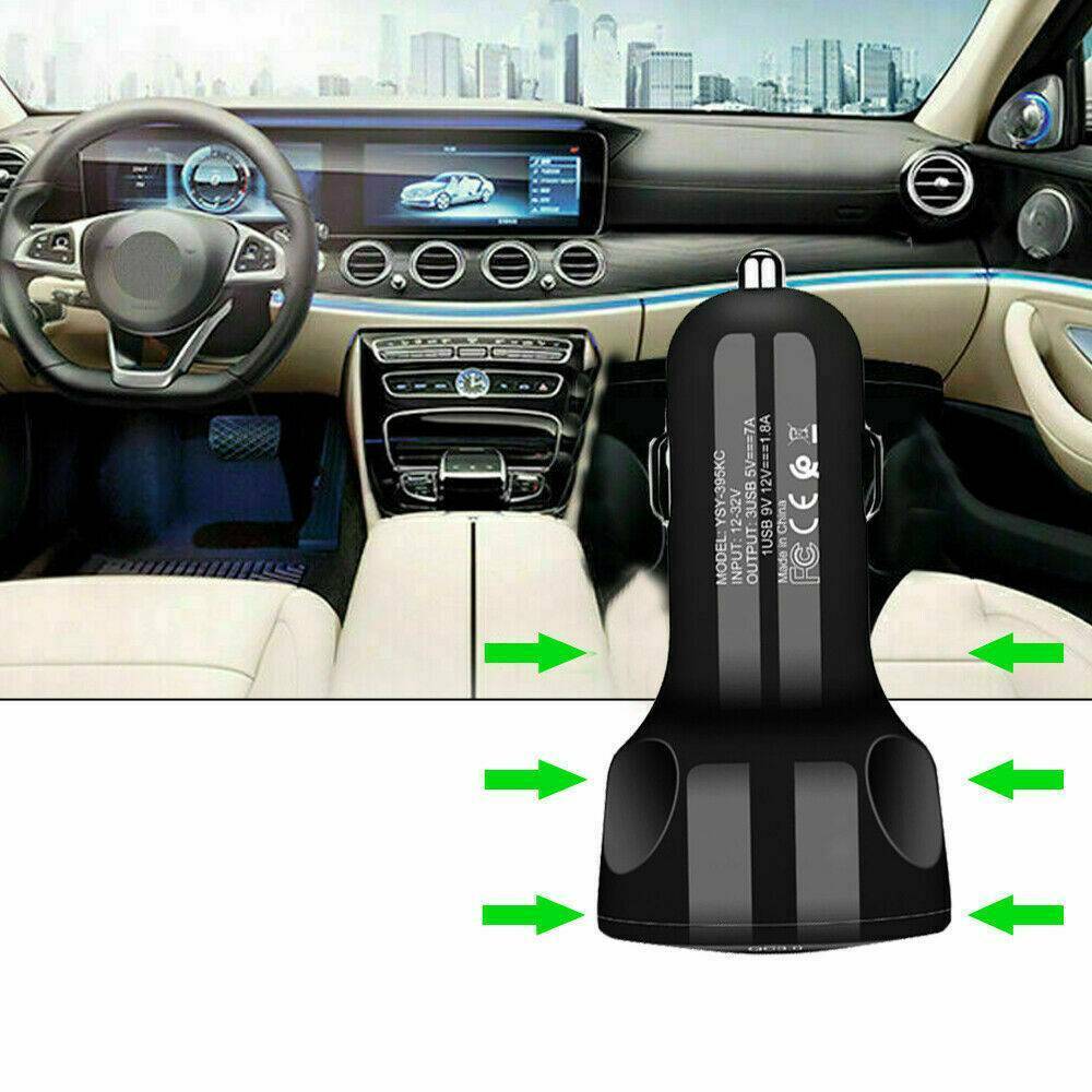 3-Port USB Car Charger Adapter LED Display Q 3.0 Fast Charging Accessories Black