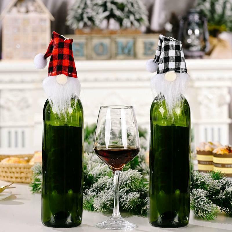 4 Pcs Plaid Hat Gnome Head Christmas Wine Bottle Cover Xmas Decor Wine Bottle
