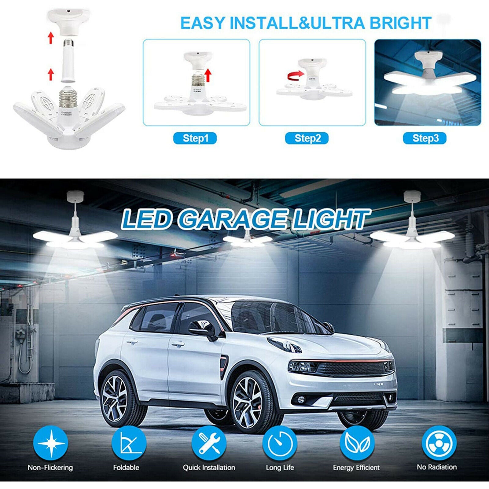 Premium 28W E27 LED Garage Light Deformable Lights 4 Adjustable Panels Lamp