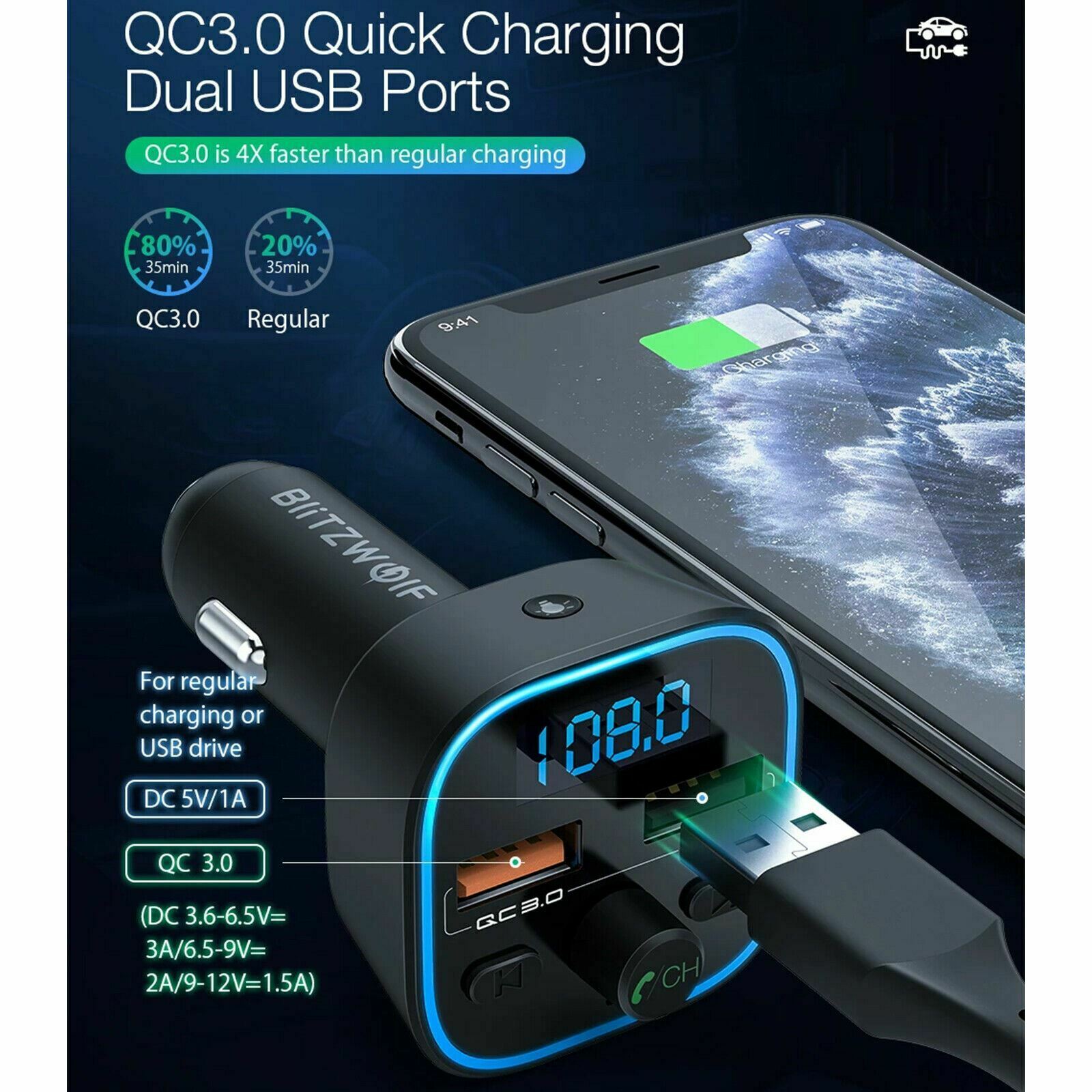 Blitzwolf BW-BC1 Bluetooth Car Kit Hands Free FM Transmitter QC 3.0 USB Charger
