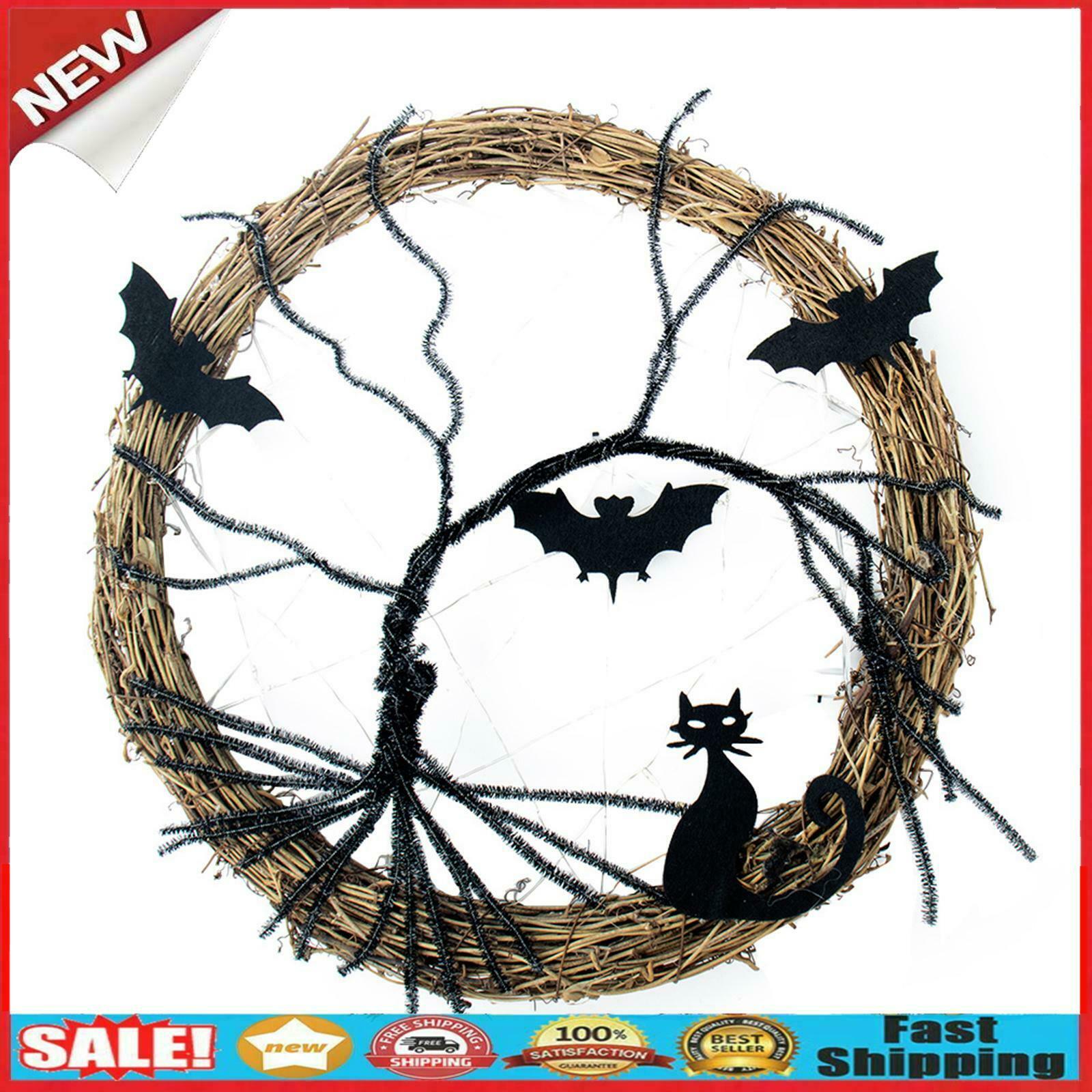 Lighted Luminous Halloween Wreath Black Bat Cat Hanging Door Wreath Supply Decor