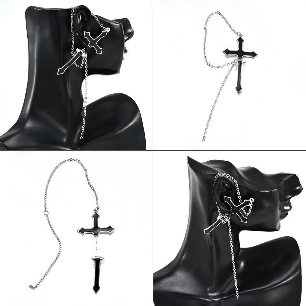 1Pcs Punk Gothic Long Chain Cross Zipper Stud Drop Earrings Women Men Jewelry