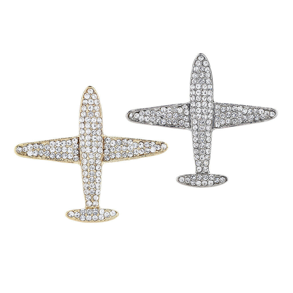 2Pieces Mens Airplane Brooch Lapel Corsage Crystal Rhinestion Badge Jewelry