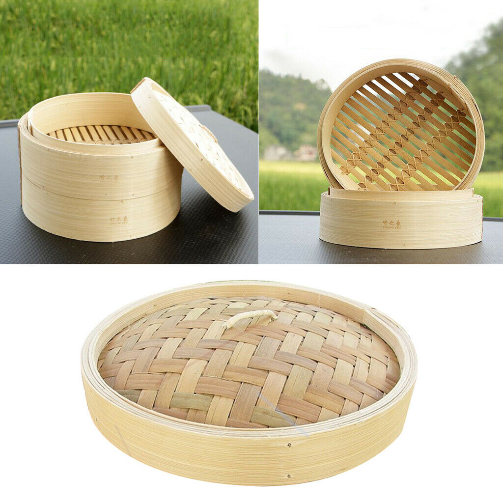 2PC Handmade Bamboo Steamer Basket for Dumpling Food Seafood Steamer Lid Cookers