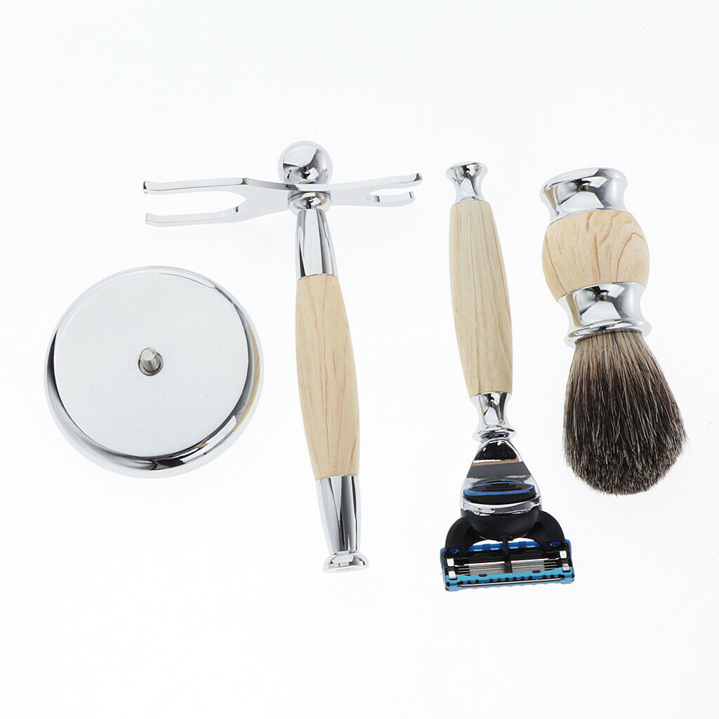 Mens Shaving Kit Gift Set w/5 Layer Blade Razors Brush & Stand Holder Beige