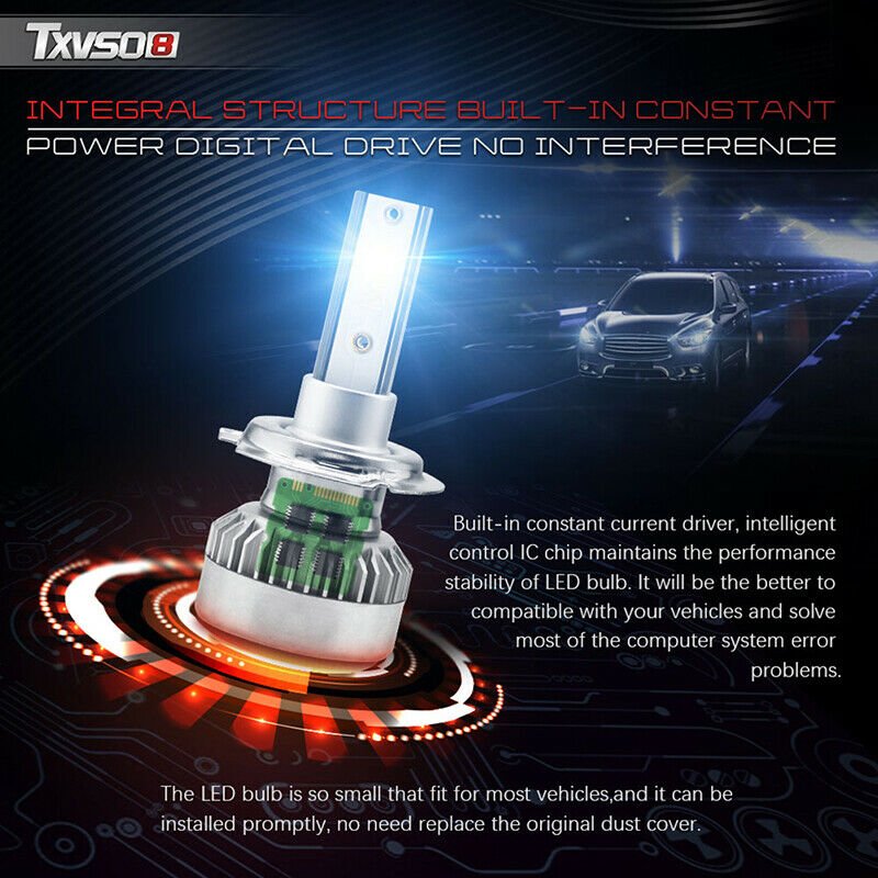 1Pair TXVSO8 H7 COB LED Headlight Bulbs 110W 20000LM High Low Beam White Lil Fx
