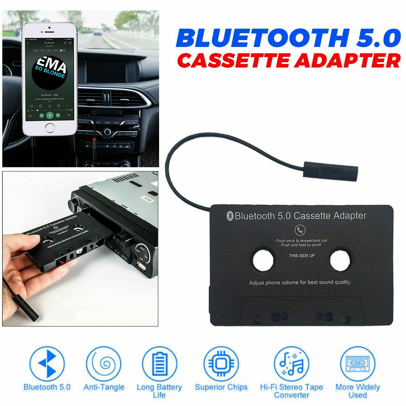 1X Bluetooth 5.0 Car Audio Stereo Sound Cassette Tape Adapter MP3 Hands-Free Aux