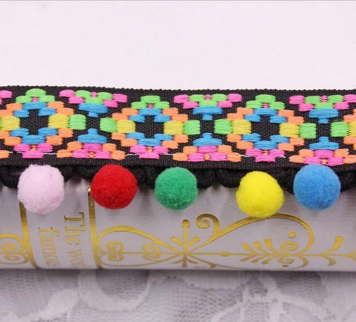 2 Yards National wind Jacquard webbing Pom Pom Ball Lace sewing Accessories