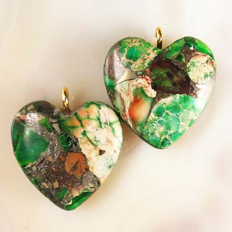 3Pcs Green Man-made Sea Sediment Jasper & Pyrite Heart Pendant Bead A-DHS184