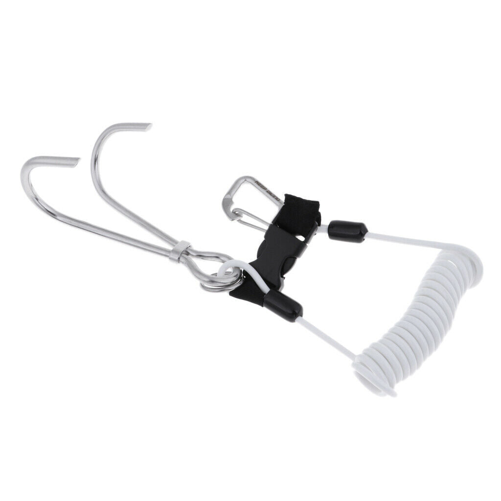 Scuba Diving Stainless Steel Dual Reef Hooks w/Spiral Coil Lanyard White