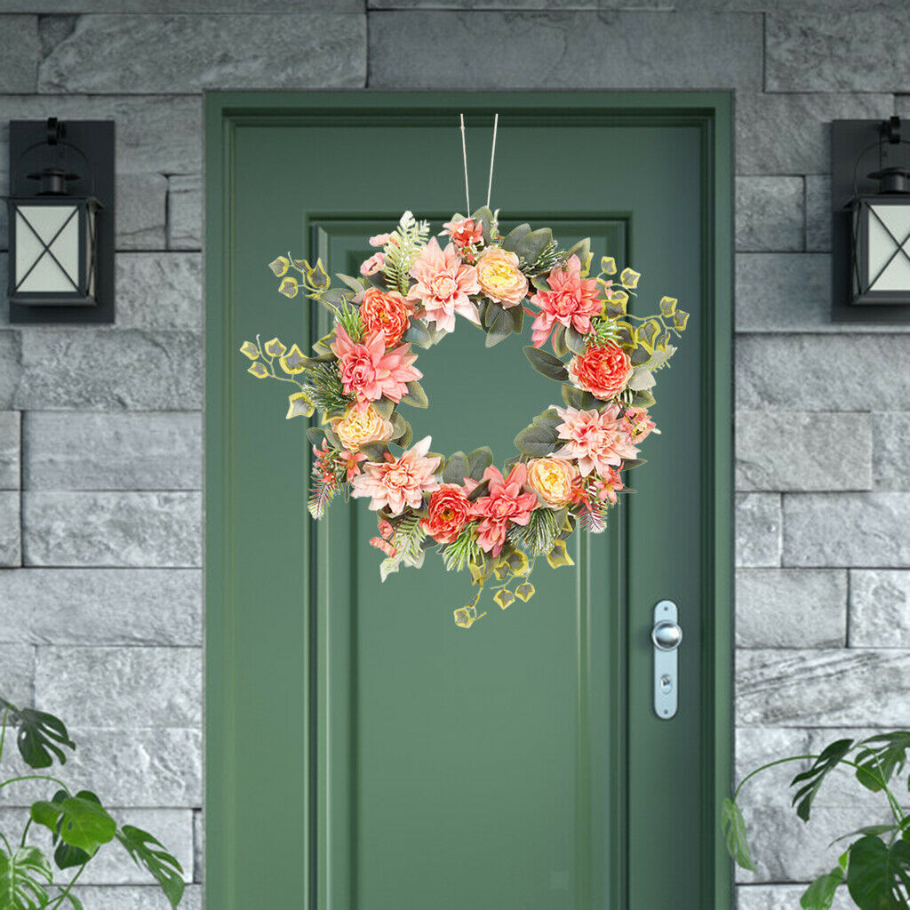 Artificial Flower Wreath Dahlia Floral Eucalyptus Garland Front Door Decor