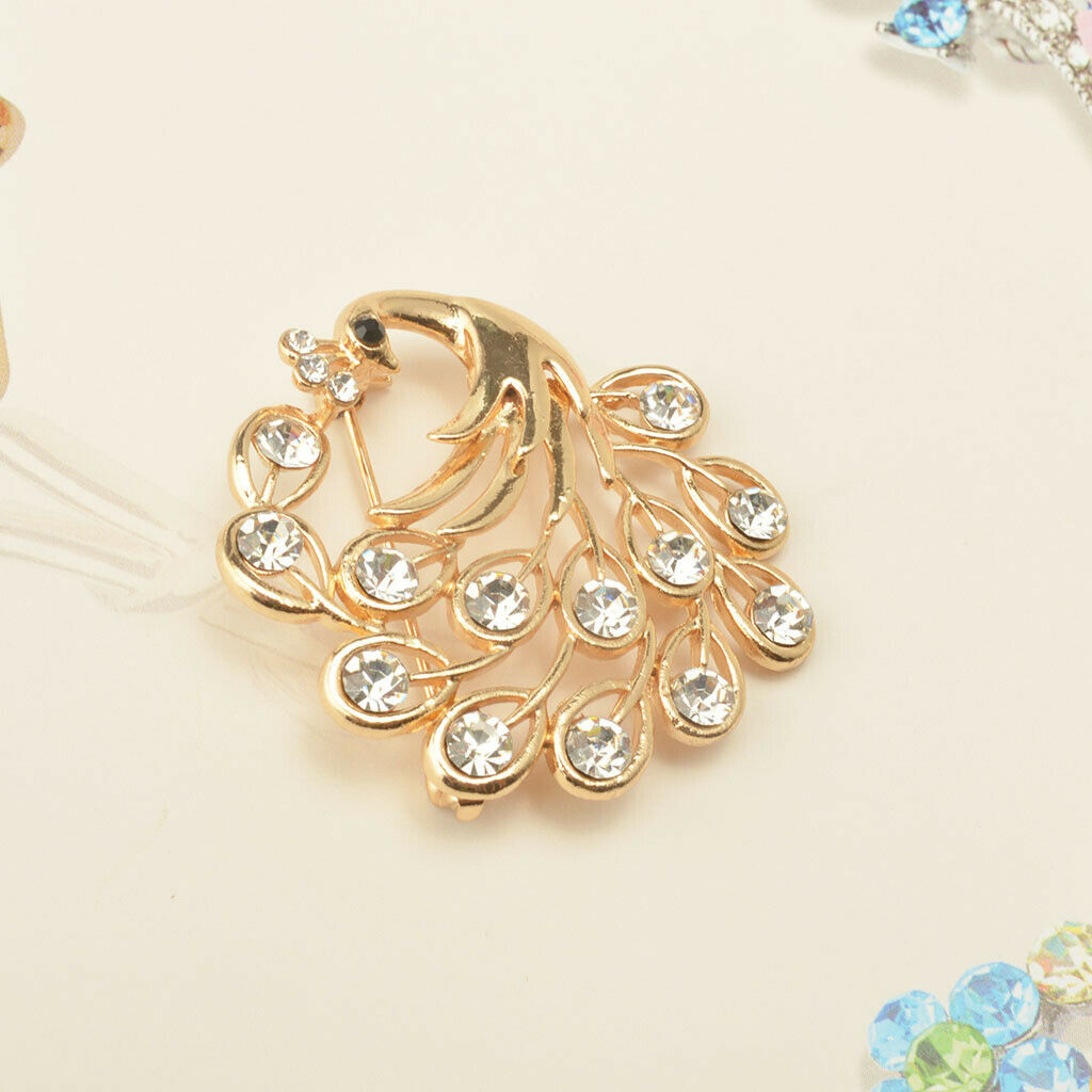 Elegant Peacock Crystal Rhinestone Golden Collar Brooch Pin Wedding Bridal
