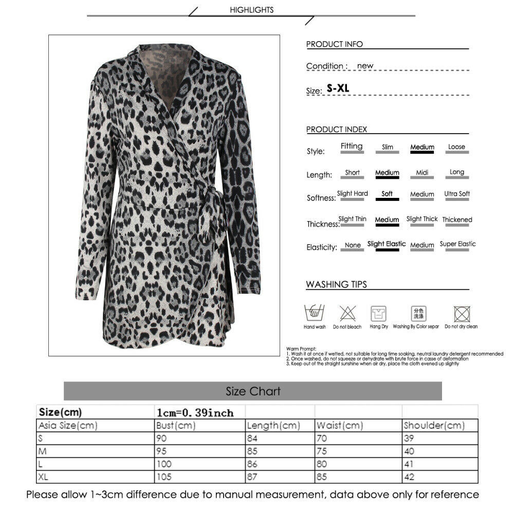 Fashion Women - Leopard Sexy V-Neck Long Sleeve Mini Party Club Summer Dresses