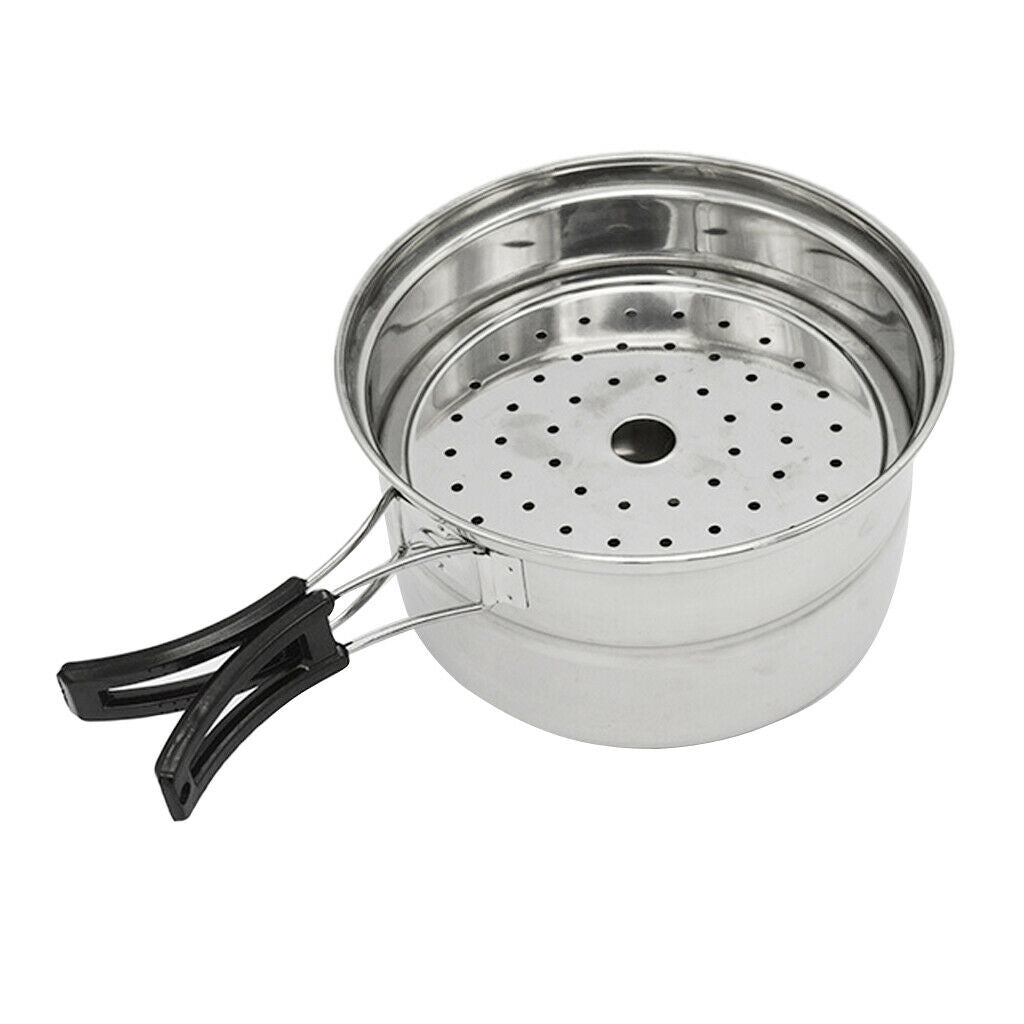 Stainless Steel Camping Cookware Set Soup Pot Pan & Steaming Rack Outdoors