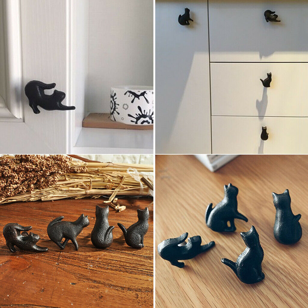 8Pcs Cast Iron Cat Shaped Cabinet Furniture Door Knob Cupboard Wardrobe Pull