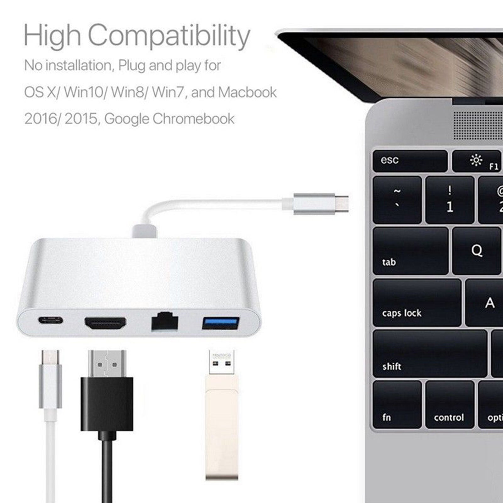 New USB C to HDMI 4K+ RJ45 Gigabit Ethernet+ USB 3.1 Type C Hub Adapte V8A9