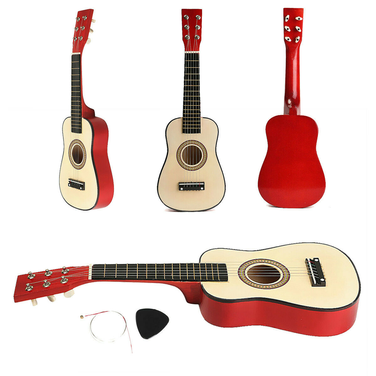 23" Wooden Beginners Practice W/ 6 String Red Acoustic Guitar Children Toys Gift