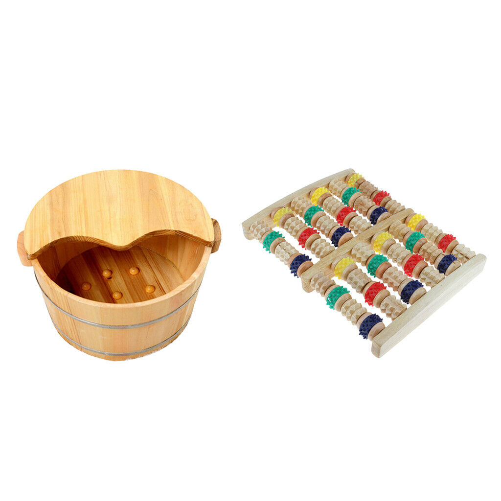 Wood Foot Basin Tub Feet Bath Soaking Bucket 6 Row Dual Foot Massager Roller